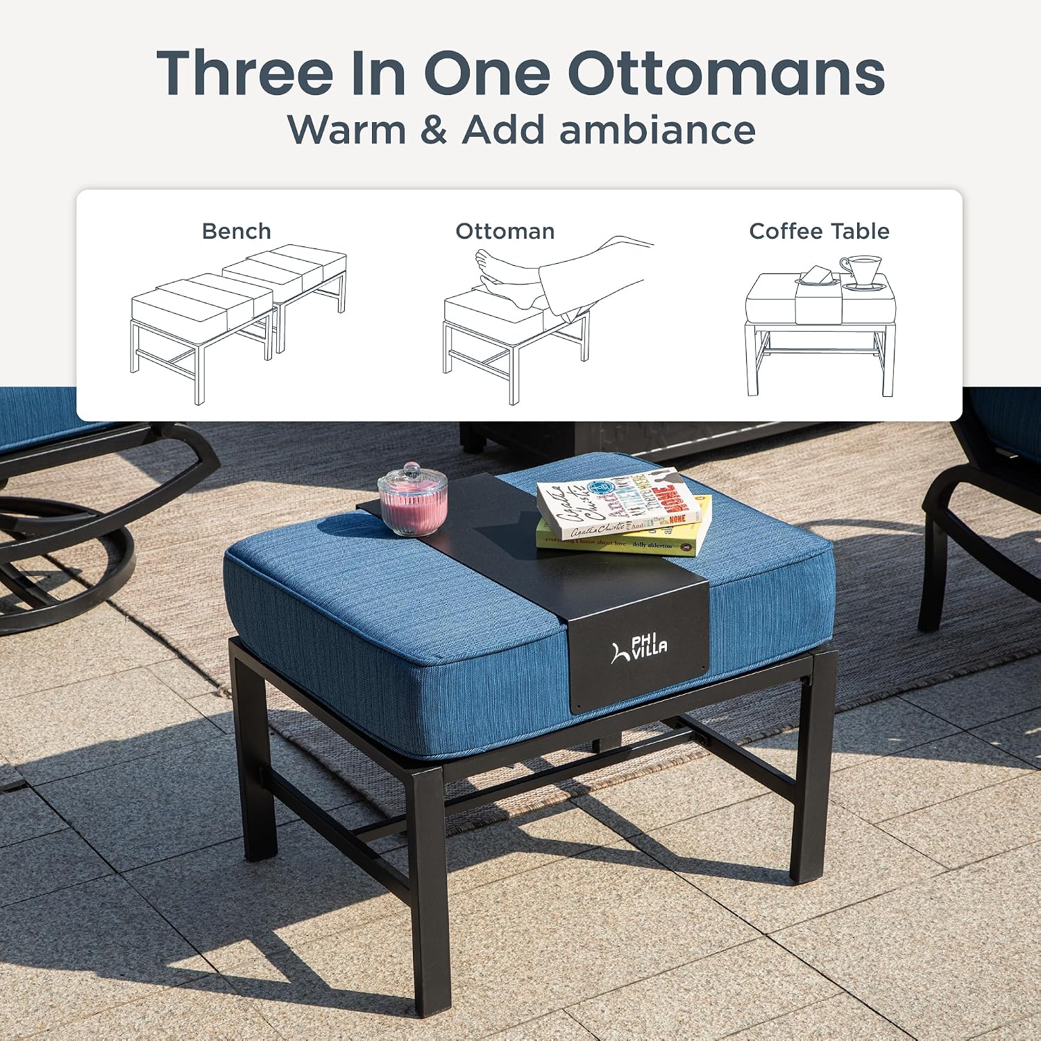 PHI VILLA 7 PCS Patio Furniture Set,Metal Outdoor Furniture with 1x 3 Seater Cushioned Deep Seating Bench Sofa, 2 Swivel Chair, 2 x Leg Chairs & 2 Ottoman for 7 Person, Peacock Blue