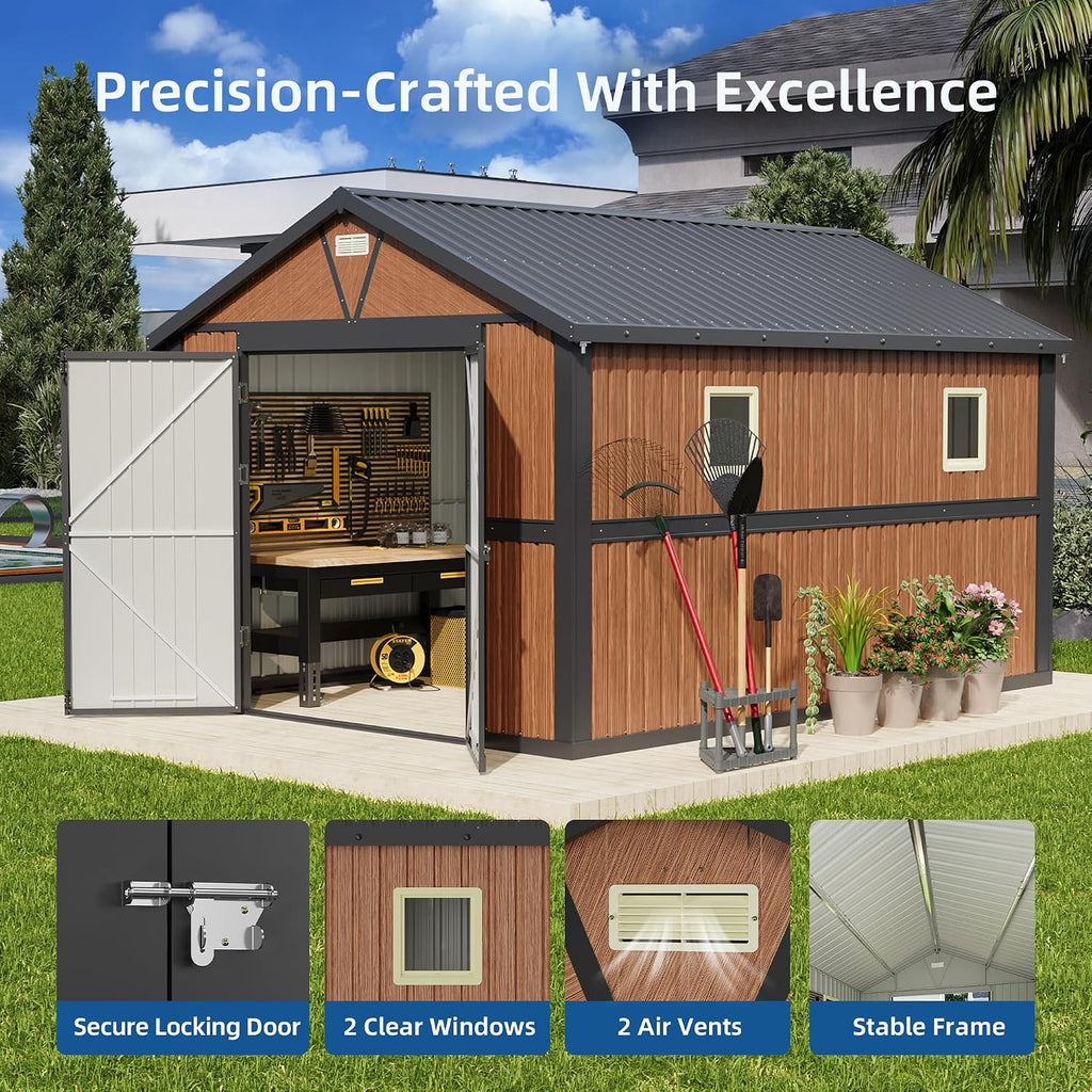 10x12 FT Outdoor Storage Shed, Garden Metal Shed with Lockable Doors & Window, Extra Large Tool Shed for Backyard, Patio & Lawn