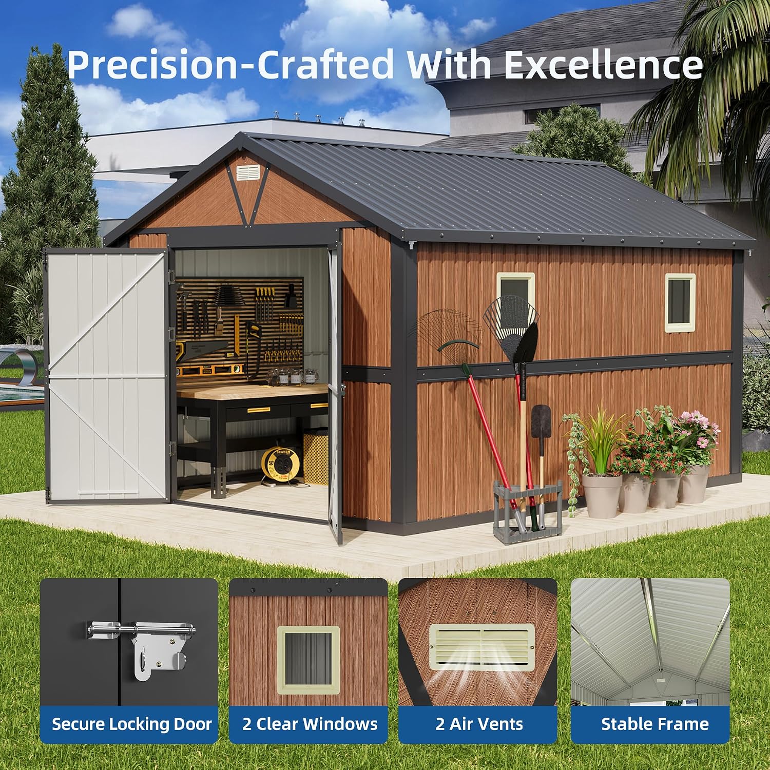 10x12 FT Outdoor Storage Shed, Garden Metal Shed with Lockable Doors & Window, Extra Large Tool Shed for Backyard, Patio & Lawn