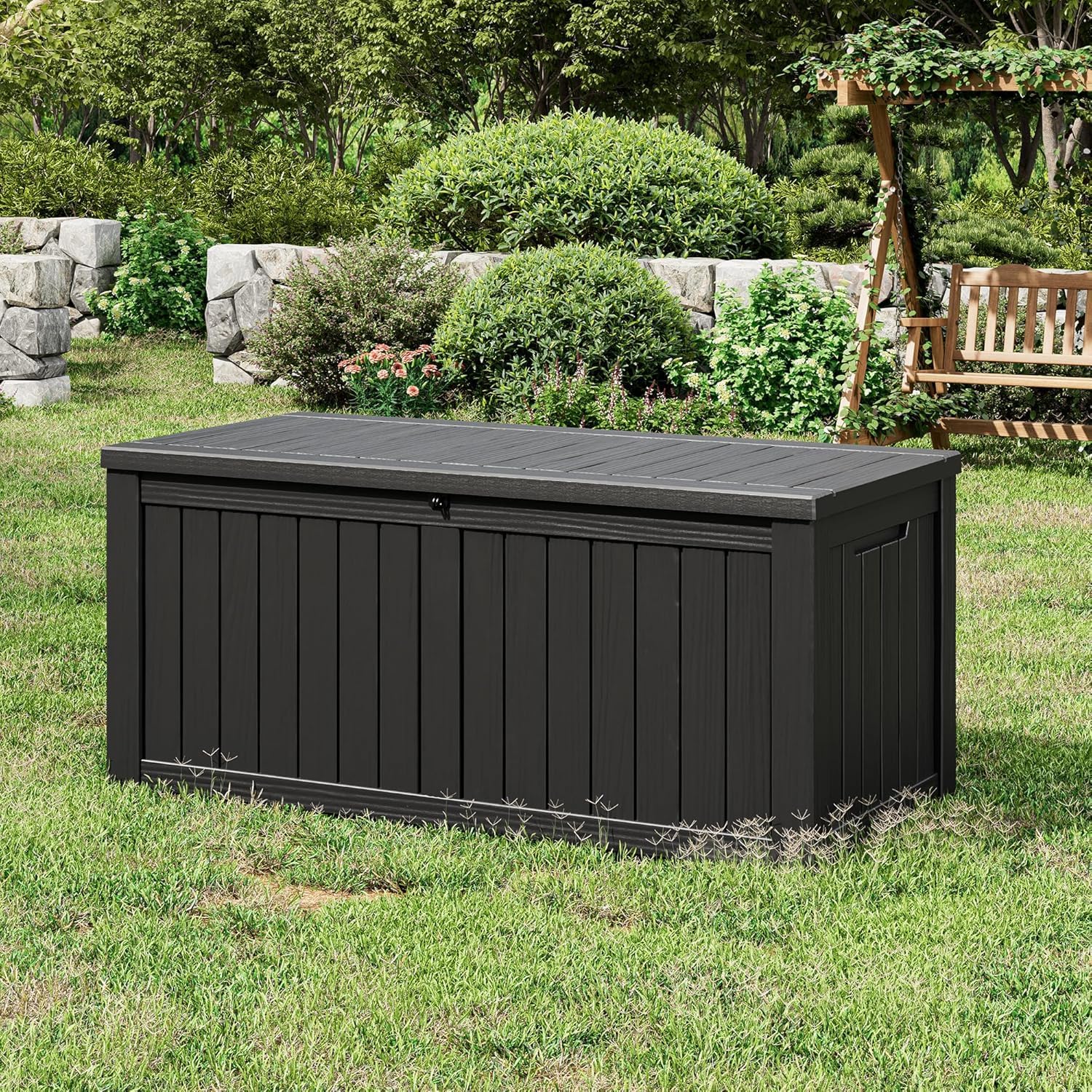 NUNU LAB 180 Gallon Outdoor Storage Box,Resin Large Sturdy Deck Box, Backyard Outside Storage Box Waterproof with Double Wall Panels,Package Delivery Box,Garden Box,Tool Box,Outdoor Hose Storage Bin