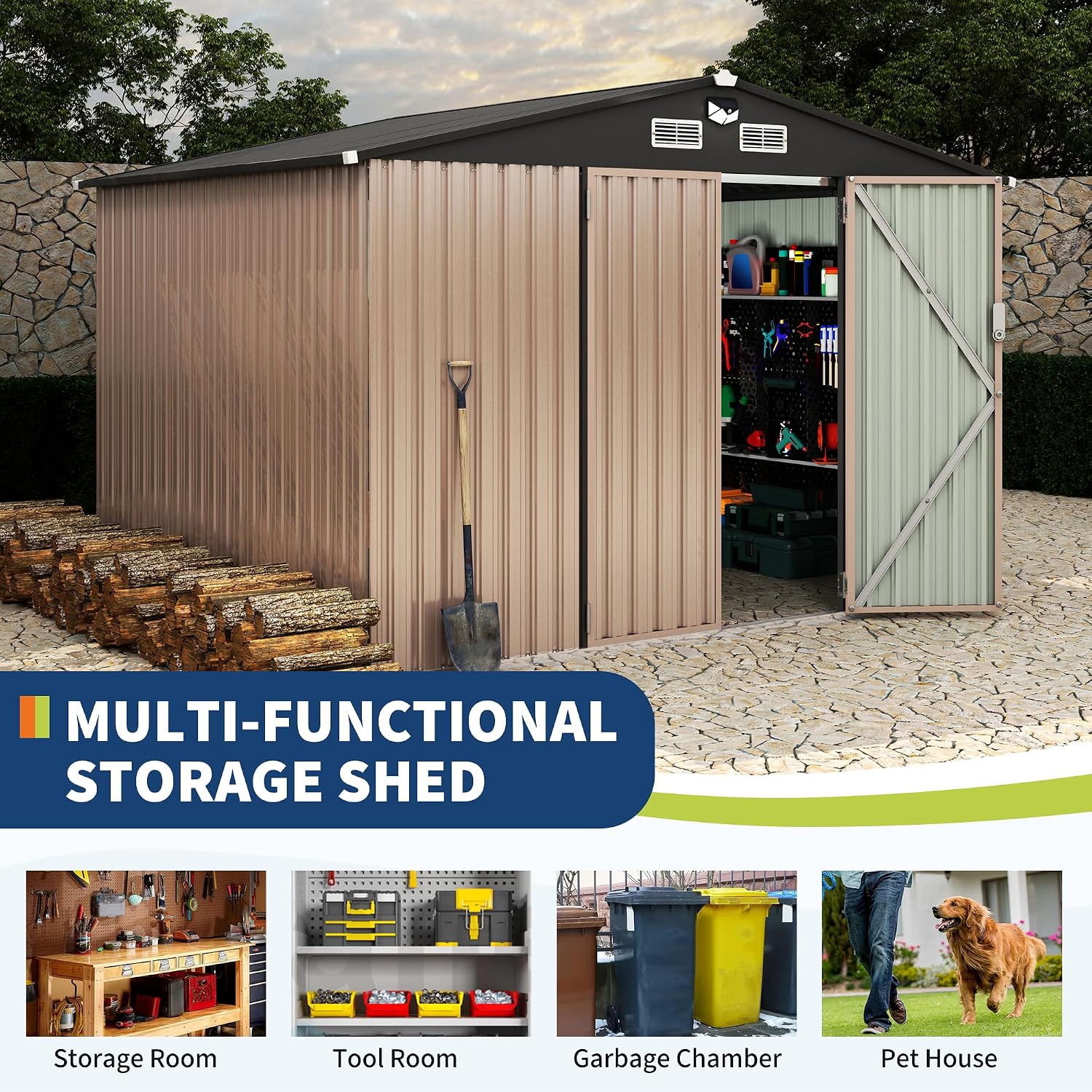 8x10 FT Metal Storage Sheds Outdoor, Metal Yard Sheds Metals Garden Shed Kit with Solar Light, MetalTool Shed with Lockable Door, Metals UtilitySheds Buildings with Air Vent for Backyard