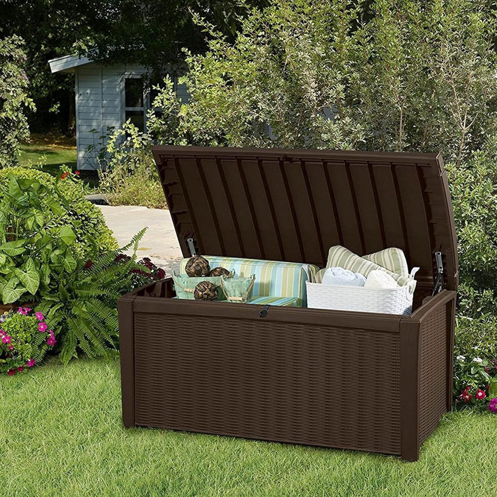 Keter Borneo 110 Gallon Resin Deck Box - Organization and Storage for Patio Furniture, Outdoor Cushions, Throw Pillows, Garden Tools and Pool Toys, Brown