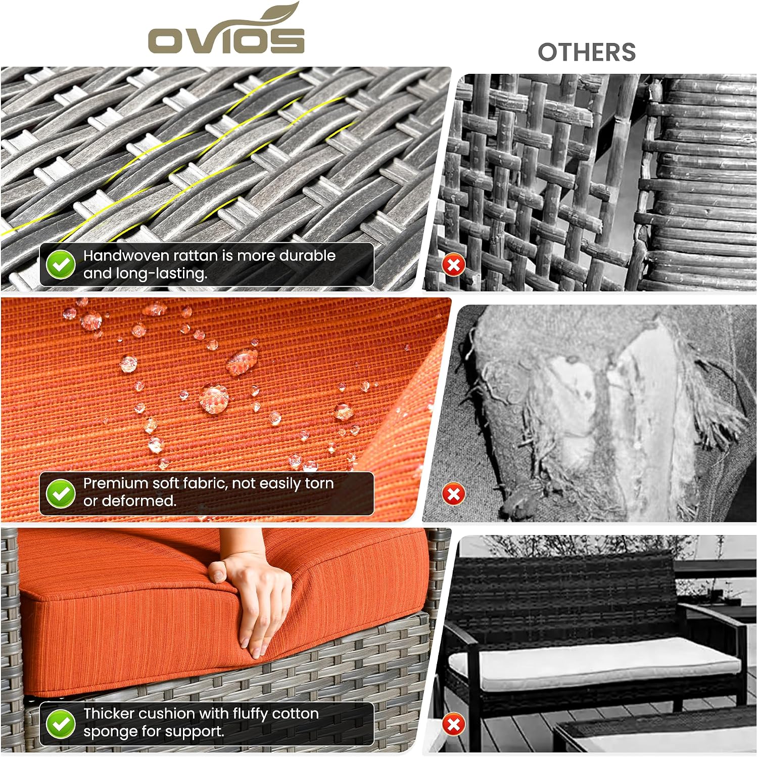 ovios Patio Sofa 3 Pieces Patio Furniture Set Outdoor Wicker Sofa Couch with Ottomans Thick Cushions, All Weather Rattan Conversation Set for Porch Backyard Deck, Orange Red
