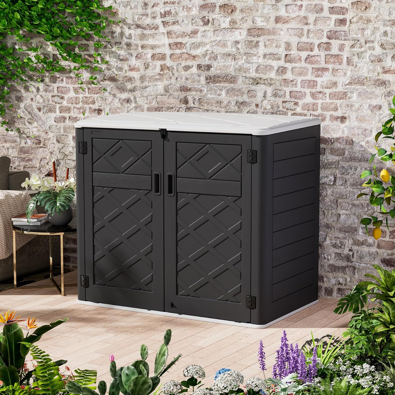 Mrosaa Resin Outdoor Storage Shed, 38 cu.ft Outdoor Storage Box Waterproof for Garden Tools, Patio Furniture, Trash Cans, Garage Storage, Lockable (Black)