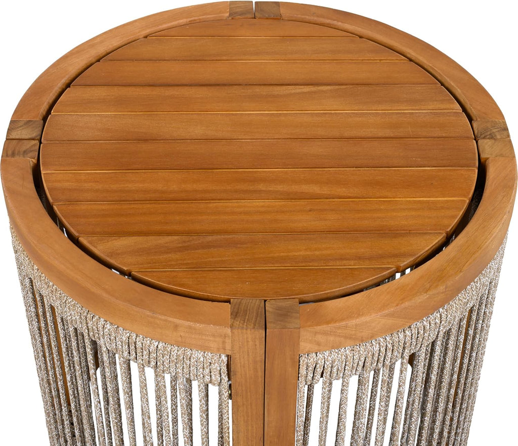 Christopher Knight Home Viktor Acacia Wood Outdoor Side Table, Patio Round Coffee Table with Woven Rope Accents, Table for Patio Furniture Set, Elegant Slatted Design, Weather-Resistant, Teak