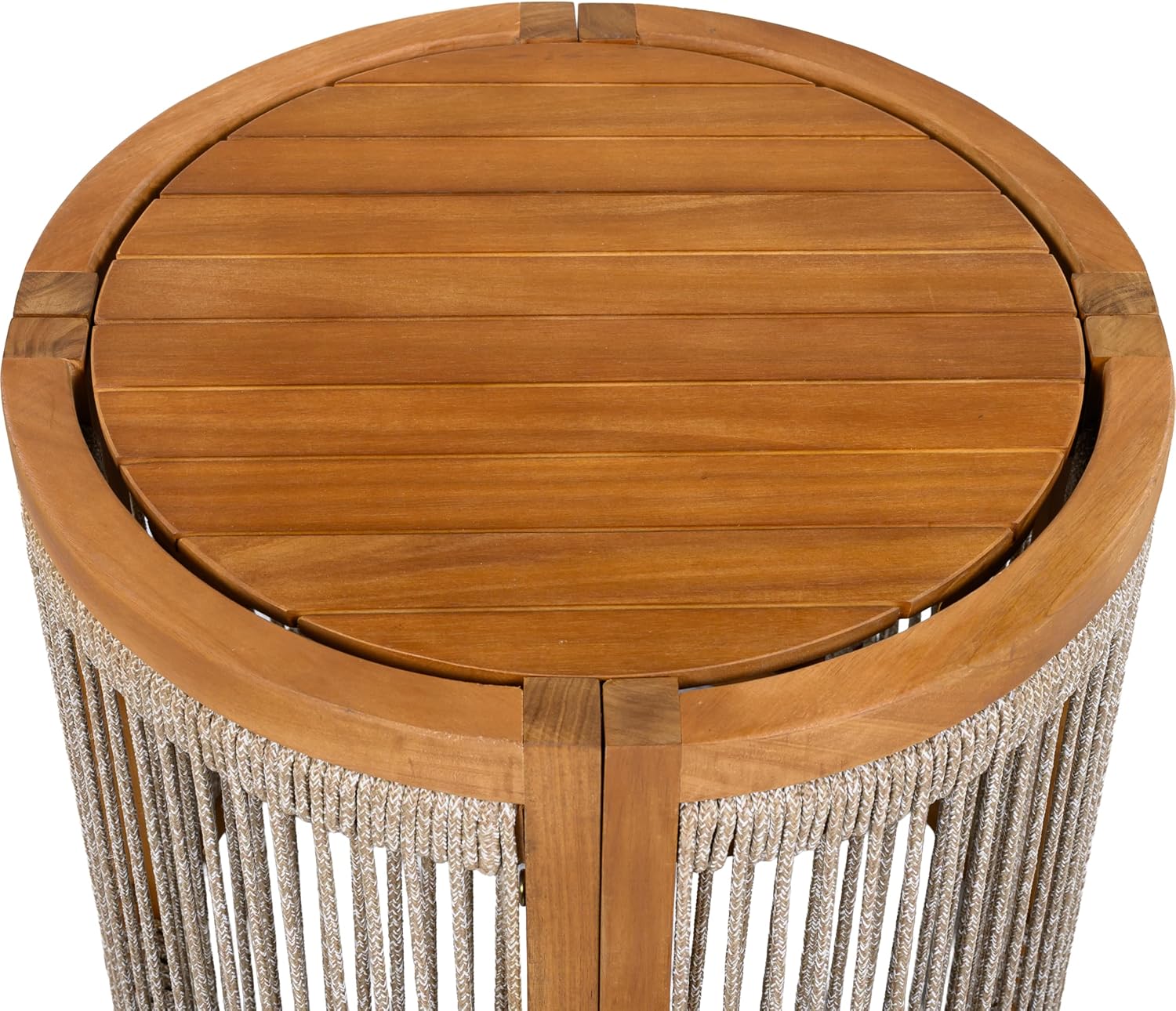 Christopher Knight Home Viktor Acacia Wood Outdoor Side Table, Patio Round Coffee Table with Woven Rope Accents, Table for Patio Furniture Set, Elegant Slatted Design, Weather-Resistant, Teak