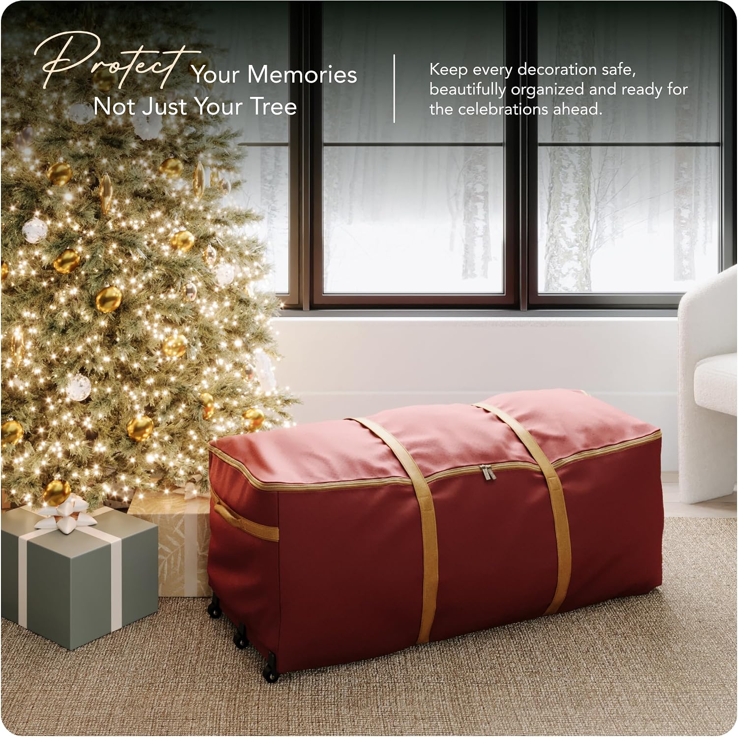Covermates Keepsakes Christmas Tree Rolling Cinch Bag – Heavy-Duty Polyester Holiday Storage with Wheels, Reinforced Handles & Cinch Straps – Durable Christmas Tree Storage Solution, Red