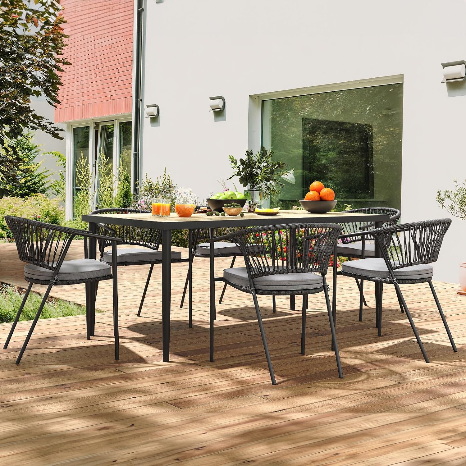 YITAHOME Outdoor Dining Chair Set of 6, Rope Woven Design Stackable Chairs, Indoor-Outdoor Armchair Seating for Patio, Backyard, Poolside, Balcony - Grey