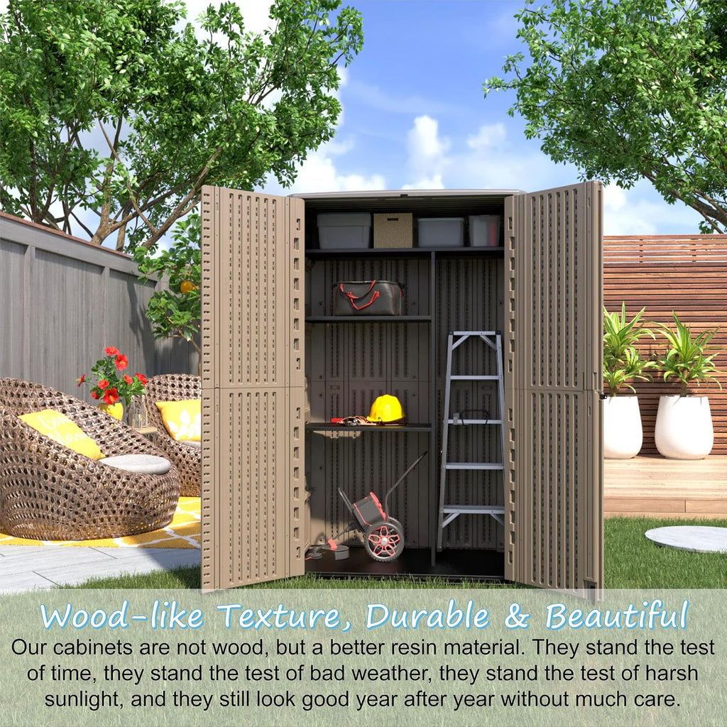 Mrosaa Sheds & Outdoor Storage, 52 Cu.ft Vertical Storage with Floor, Cabinet Waterproof for Garage Pool Bike Shed, Garden , Coffee Brown