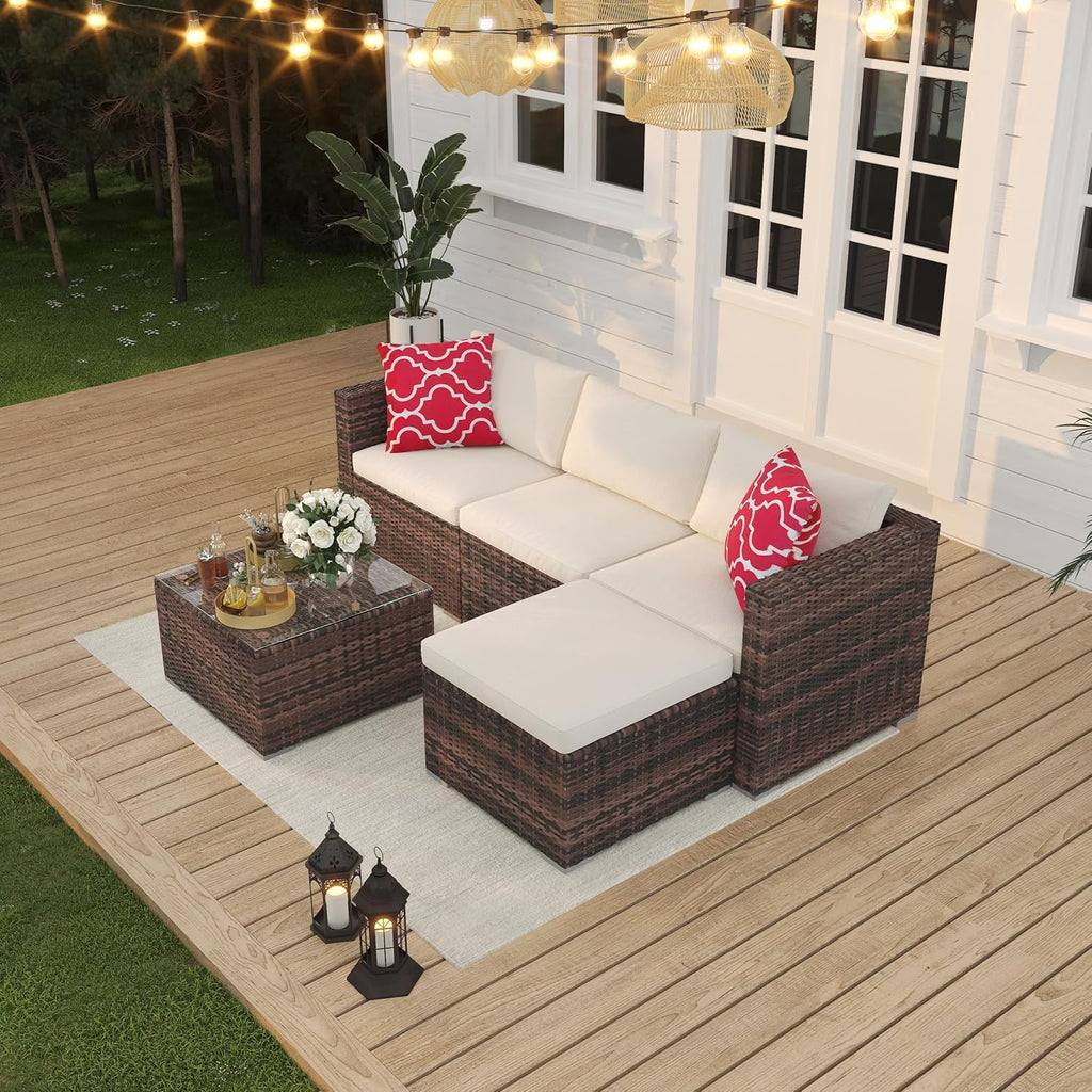 5 Pieces Patio Furniture Set, All-Weather Wicker Sectional Sofa With Anti-Slip Cushions, Rattan Outdoor Patio Furniture Sofa Set With Glass Coffee Table and Ottoman for Balcony, Porch, Garden, Brown