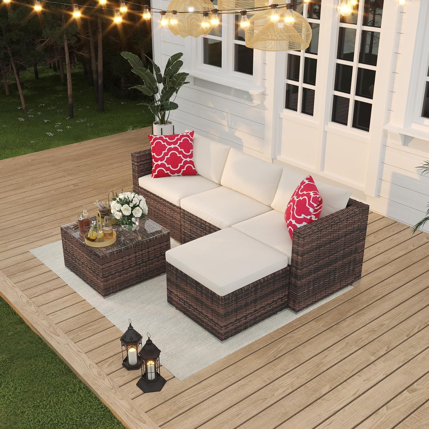 5 Pieces Patio Furniture Set, All-Weather Wicker Sectional Sofa With Anti-Slip Cushions, Rattan Outdoor Patio Furniture Sofa Set With Glass Coffee Table and Ottoman for Balcony, Porch, Garden, Brown