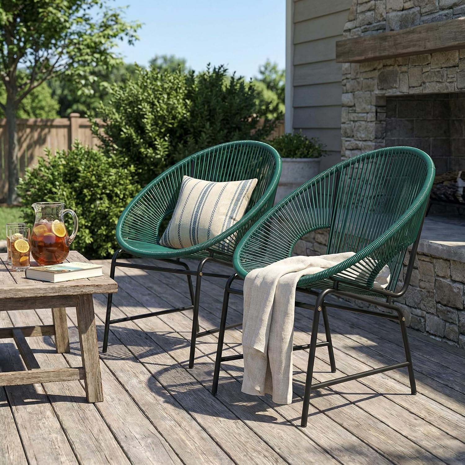 Christopher Knight Home Outdoor Wicker Chairs Set of 2, Patio Papasan Chair with Metal Frame, Faux Rattan Lounge Chair Outdoor, Teal