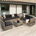 KROFEM 8-Piece Patio Furniture Set, Outdoor Wicker Rattan Sectional with Thick Cushions, Glass Top Table with Hidden Storage, Outdoor Conversation Set for Backyard, Porch, Patio, Black