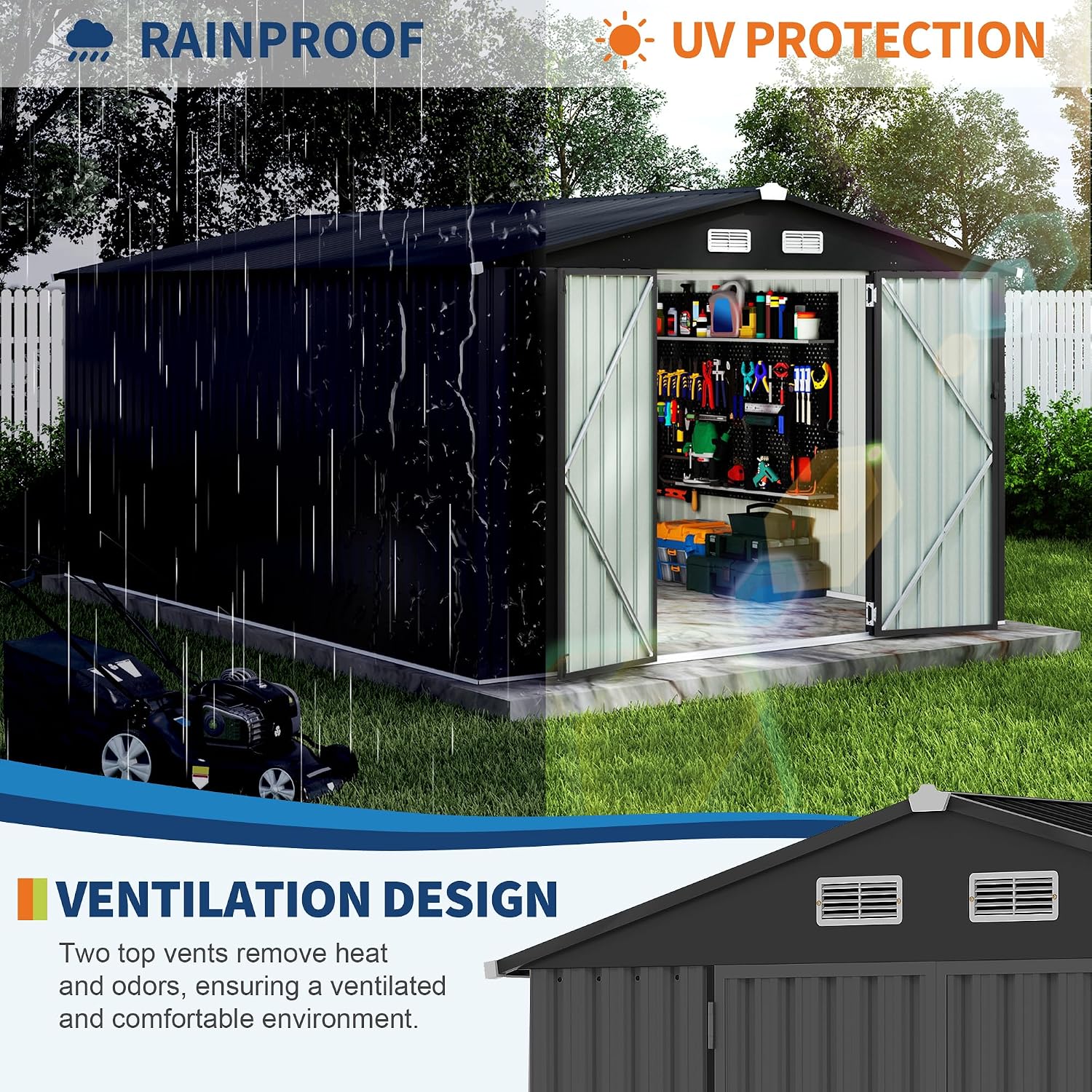 GarveeLife 10x14 Ft Outdoor Storage Sheds, Metal Garden Tool Shed for Backyard, Large Metal Sheds Outdoor Storage with Lockable Doors & Air Vents for Backyard Garden Patio Lawn