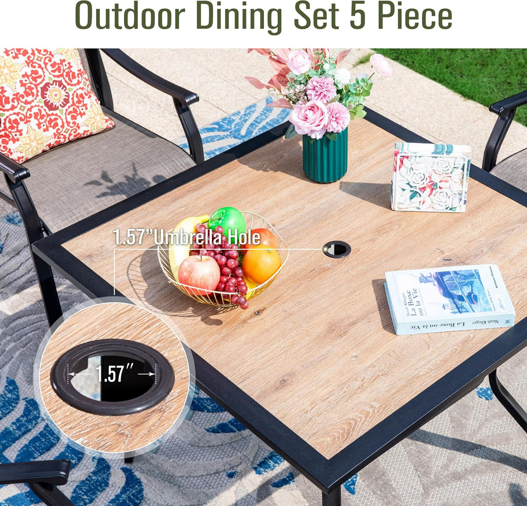Sophia & William 5-Piece Outdoor Dining Set, 4 Comfortable Textilene Chairs and 37' Wood-like Top Outdoor Square Table, Durable All-Weather Patio Furniture for Lawn, Park, and Courtyard Support 350lbs