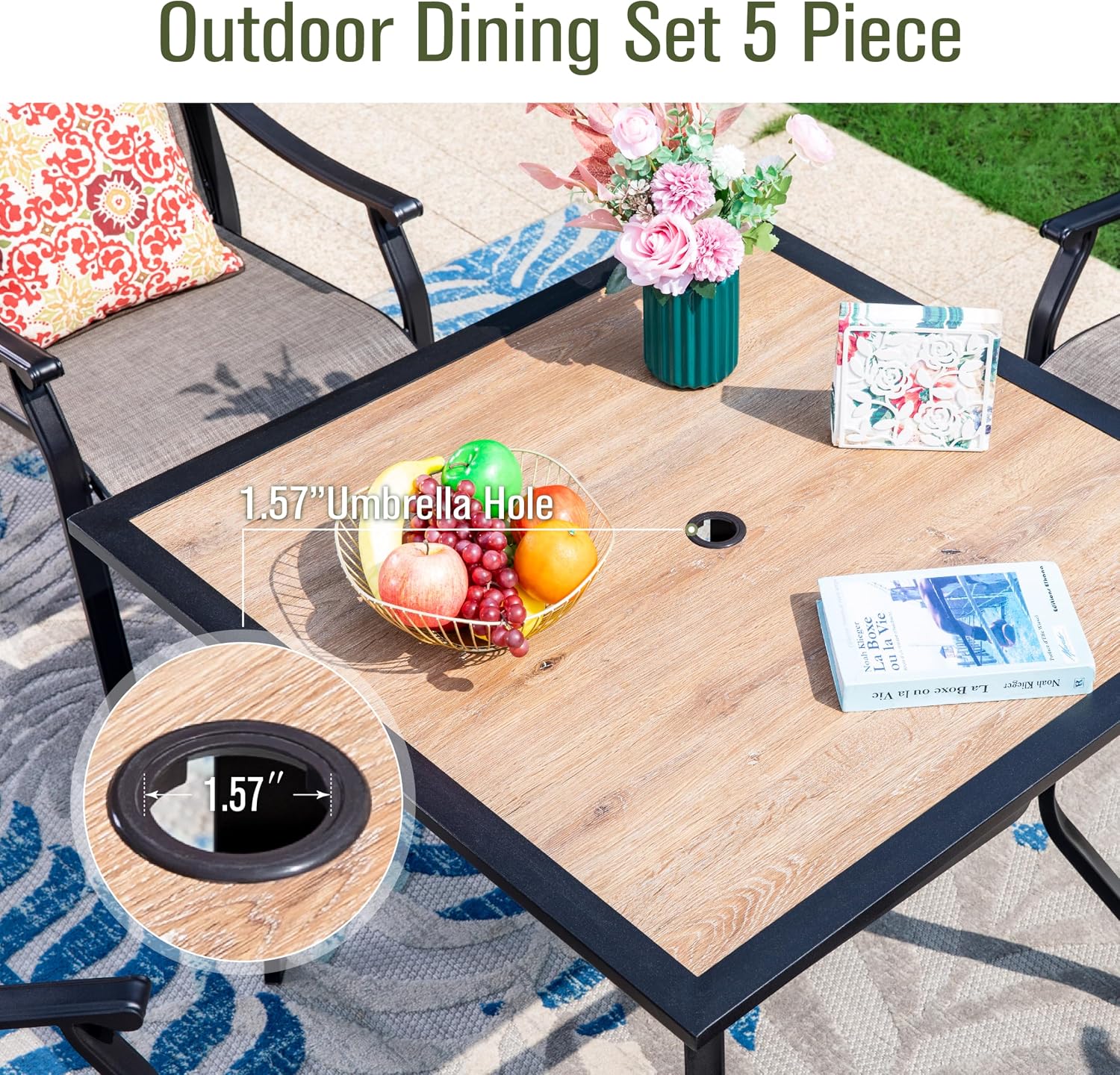 Sophia & William 5-Piece Outdoor Dining Set, 4 Comfortable Textilene Chairs and 37' Wood-like Top Outdoor Square Table, Durable All-Weather Patio Furniture for Lawn, Park, and Courtyard Support 350lbs