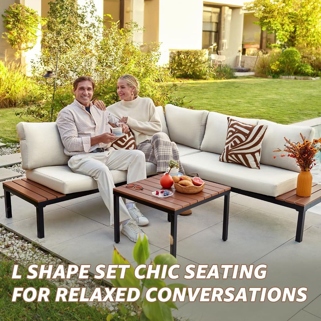 NATURAL EXPRESSIONS Outdoor Furniture Set, L Shape Patio Sectional, Metal Corner Couch Sofa Set with Side Tables, Detachable Backrest, Fauxwood Coffee Table, Beige Olefin Cushions for Garden Deck
