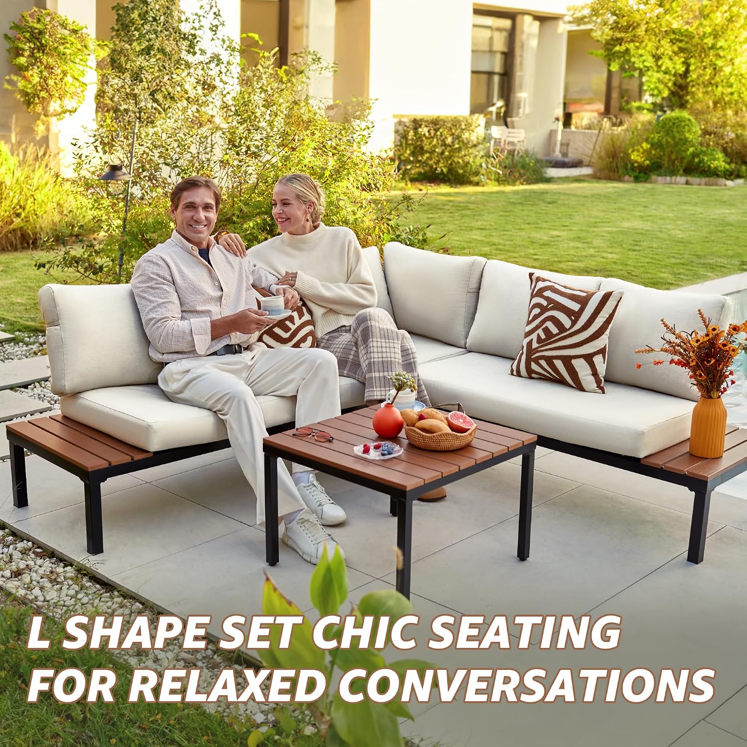 NATURAL EXPRESSIONS Outdoor Furniture Set, L Shape Patio Sectional, Metal Corner Couch Sofa Set with Side Tables, Detachable Backrest, Fauxwood Coffee Table, Beige Olefin Cushions for Garden Deck