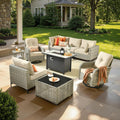 9 Pcs Patio Furniture with Fire Pit Table, Outdoor Rattan Wicker Conversation Set with Glowing Coffee Table, Comfy Sectional Sofa for Porch Balcony Backyard Pool, Beige