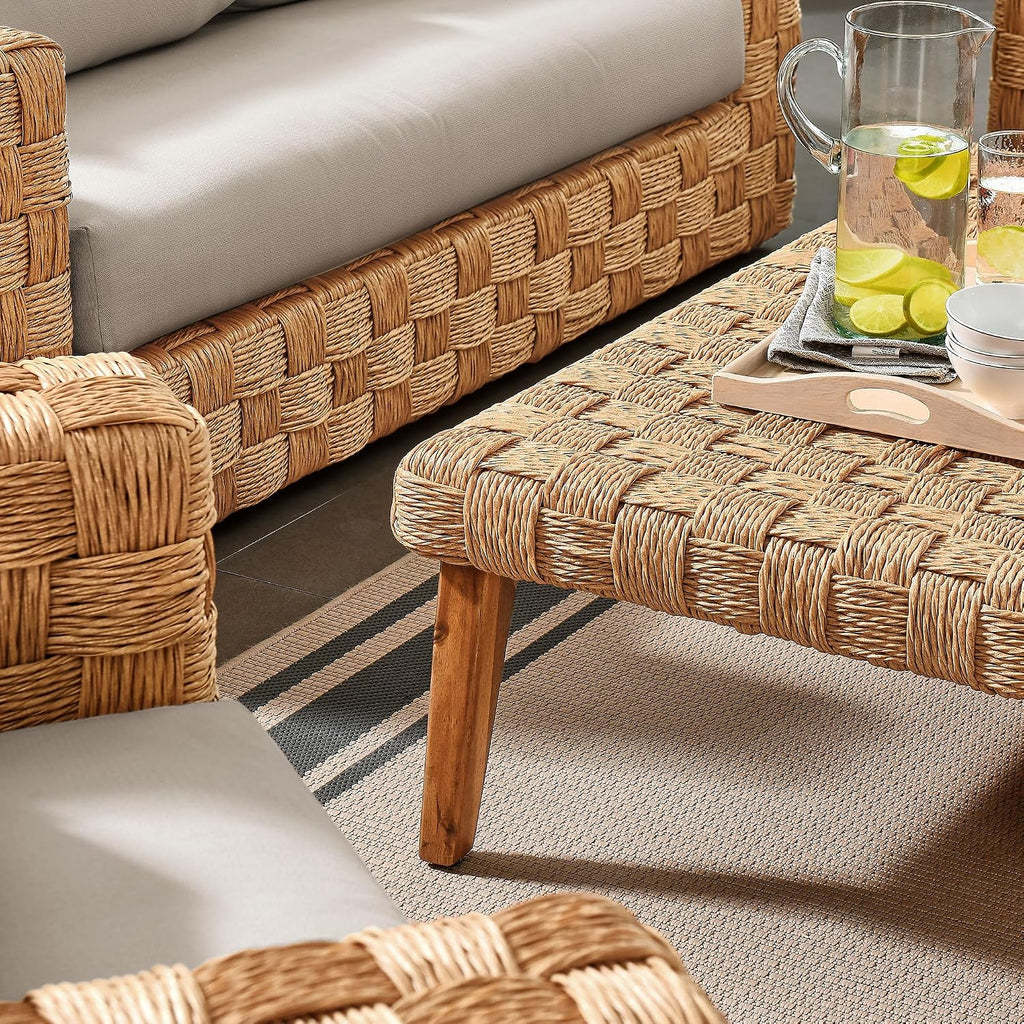 Modway Thames 4 Piece Outdoor Patio Furniture Set in Natural Light Gray - Wicker Rattan Conversation Set with Loveseat, Armchairs, and Coffee Table - All-Weather Deep Seating Backyard Collection