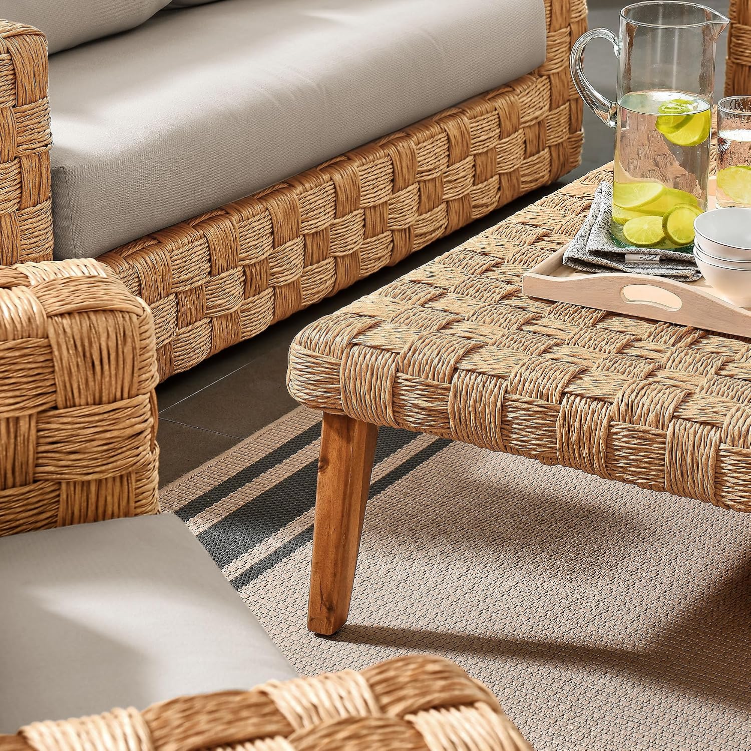 Modway Thames 4 Piece Outdoor Patio Furniture Set in Natural Light Gray - Wicker Rattan Conversation Set with Loveseat, Armchairs, and Coffee Table - All-Weather Deep Seating Backyard Collection