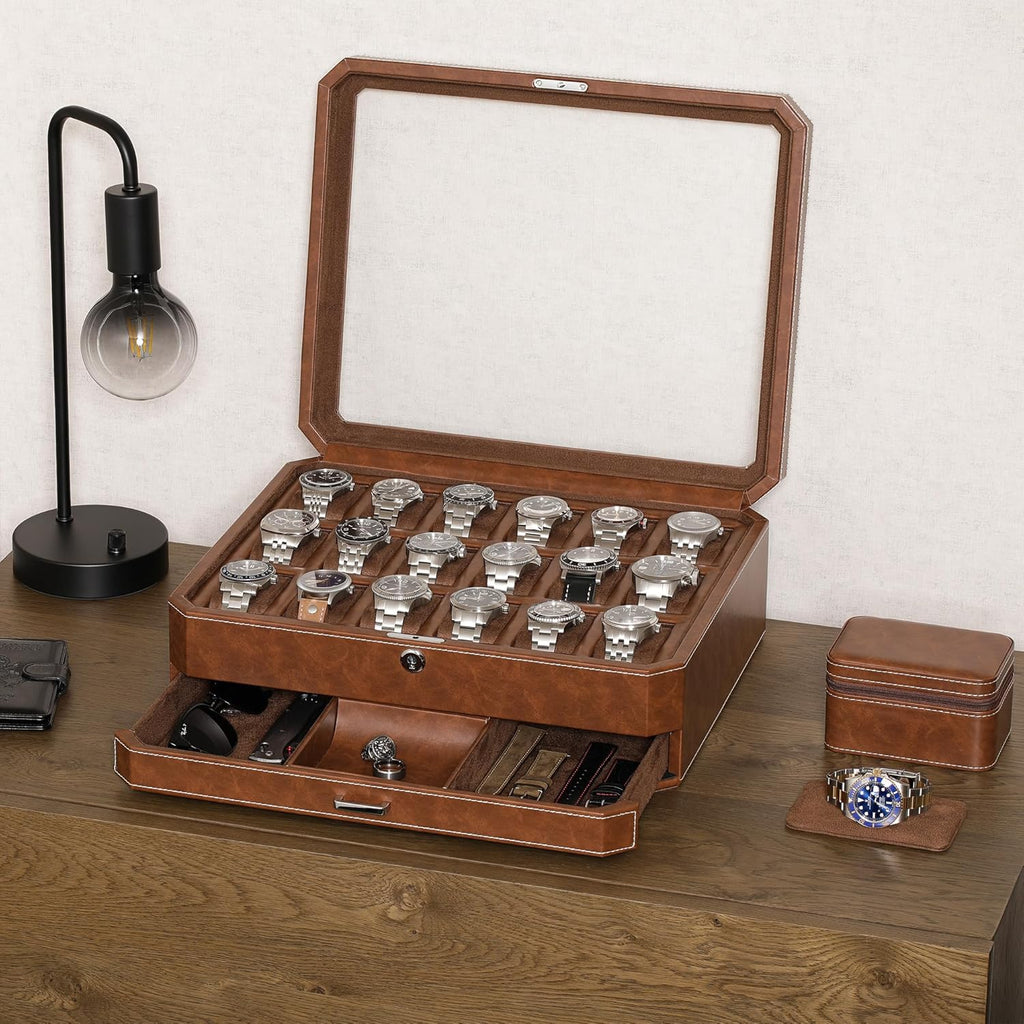 ROTHWELL 18-Slot Watch Case with Drawer – Luxury Watch Box for Men, Real Glass Top, Lockable, Display Case for Collections (Tan/Brown)