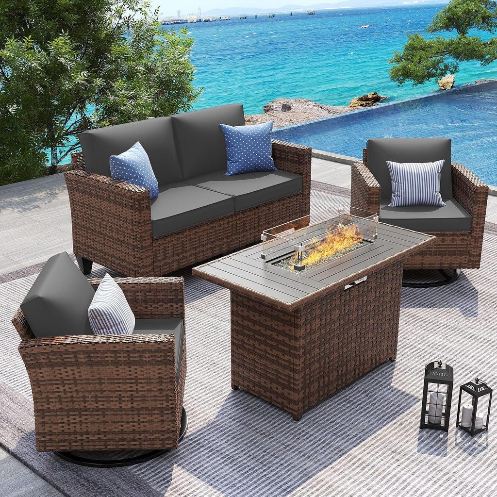 UDPATIO 5 Pieces Patio Furniture Set with Fire Pit Table, Outdoor Furniture Set with Rocking Swivel Chairs, Wicker Patio Set with Waterproof Cover, 4'' Thickened Cushion, Grey