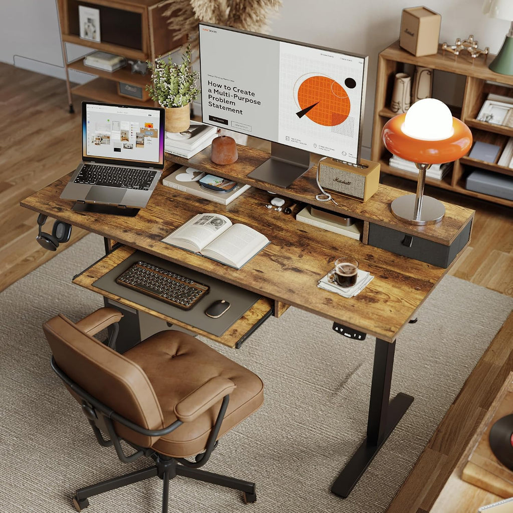 Agilestic Electric Standing Desk with 2 Drawers and Keyboard Tray, 63 x 24 Inches Ergonomic Adjustable Height Desk with Storage, Sit Stand up Computer Workstation, Rustic Brown