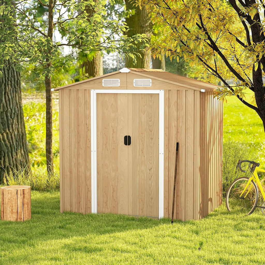 Goplus 6' x 4' Woodgrain Outdoor Storage Shed, Galvanized Metal Tool House Organizer w/ 4 Vents, Lockable Doors, Waterproof Garden Sheds & Outdoor Storage for Backyard, Lawn, Patio, Natural