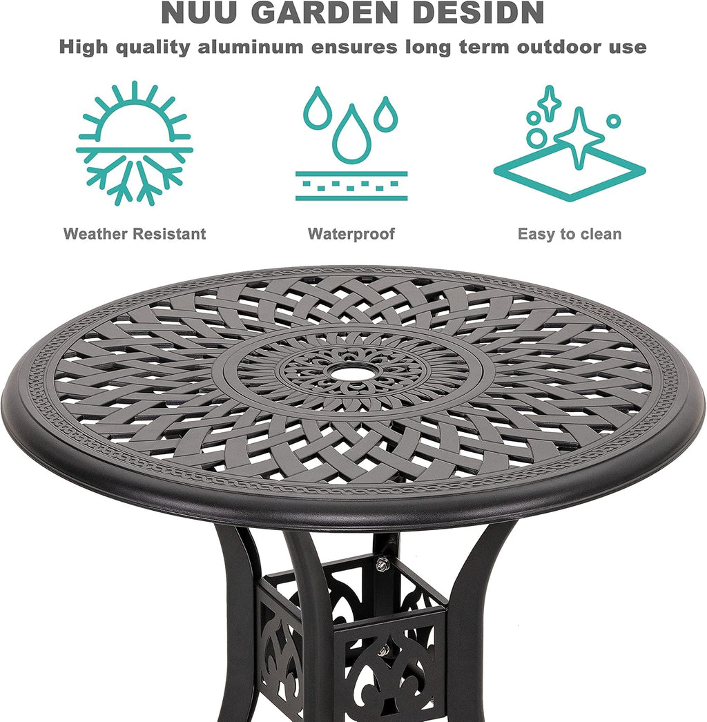NUU GARDEN 3 Piece Outdoor Cast Aluminum Bistro Table Set Rustproof Table and Chairs with Umbrella Hole for Backyard, Balcony, Front Porch, Black