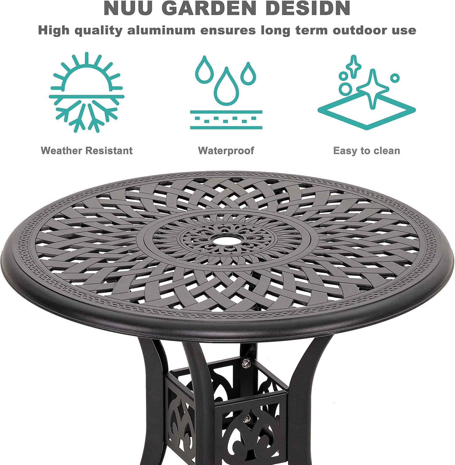 NUU GARDEN 3 Piece Outdoor Cast Aluminum Bistro Table Set Rustproof Table and Chairs with Umbrella Hole for Backyard, Balcony, Front Porch, Black