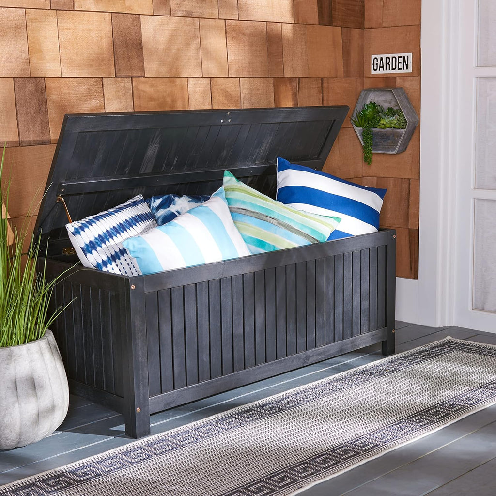 SAFAVIEH Outdoor - Abri Cushion Storage Box - Black Solid Wood - Coastal Resort Storage Bench Design - Ideal for Patio, Deck, Porch, Backyard, 18'W x 47'D x 19'H (PAT7037D)