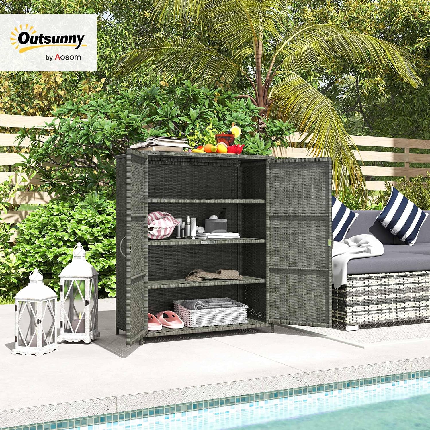 Outsunny Wicker Outdoor Storage Cabinet with Shelves, 4-Shelf Outdoor Pool Towel Cabinet with Two Doors, Rattan Patio Storage Shelves for Garden, Backyard, Porch, Dark Gray