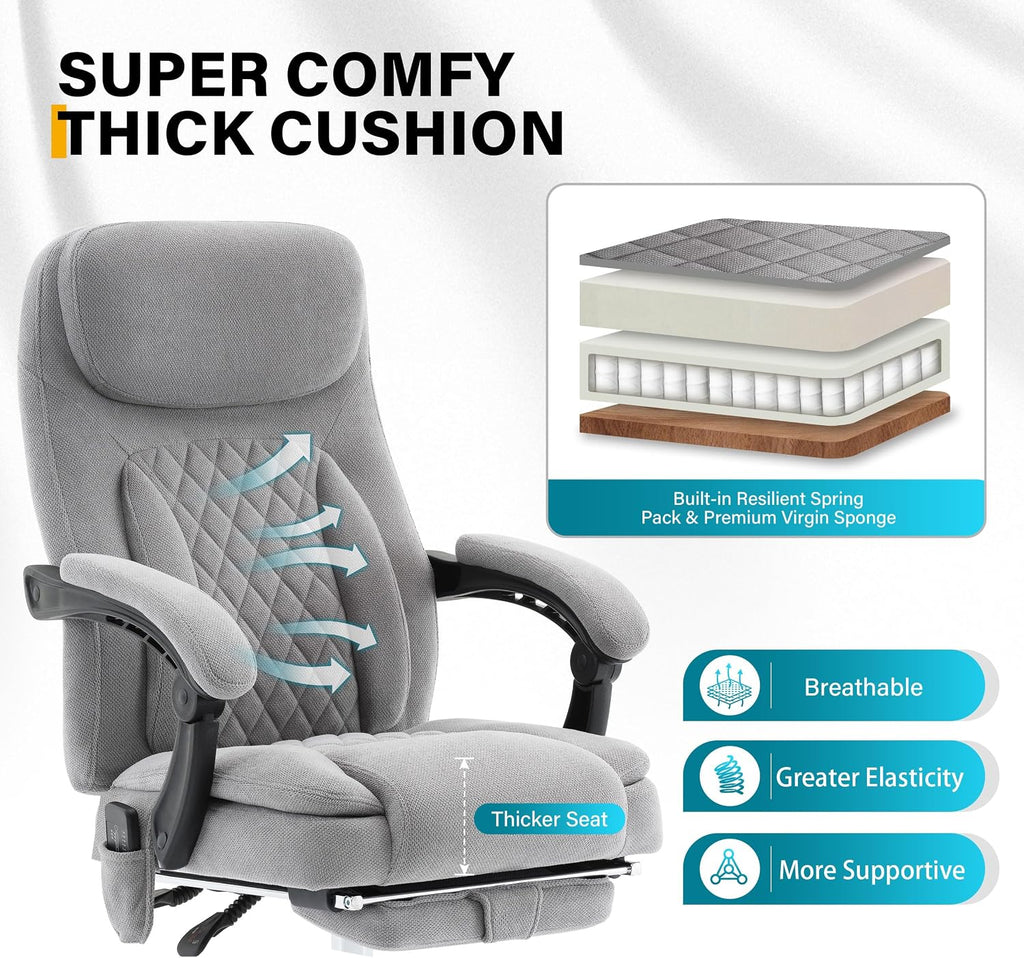 6-Point Massage Ergonomic Office Chair with Heated, Footrest & 45Reclining High Back, Big and Tall Executive Desk Chair 500LBS, Thick Cushion for Home Office, Grey
