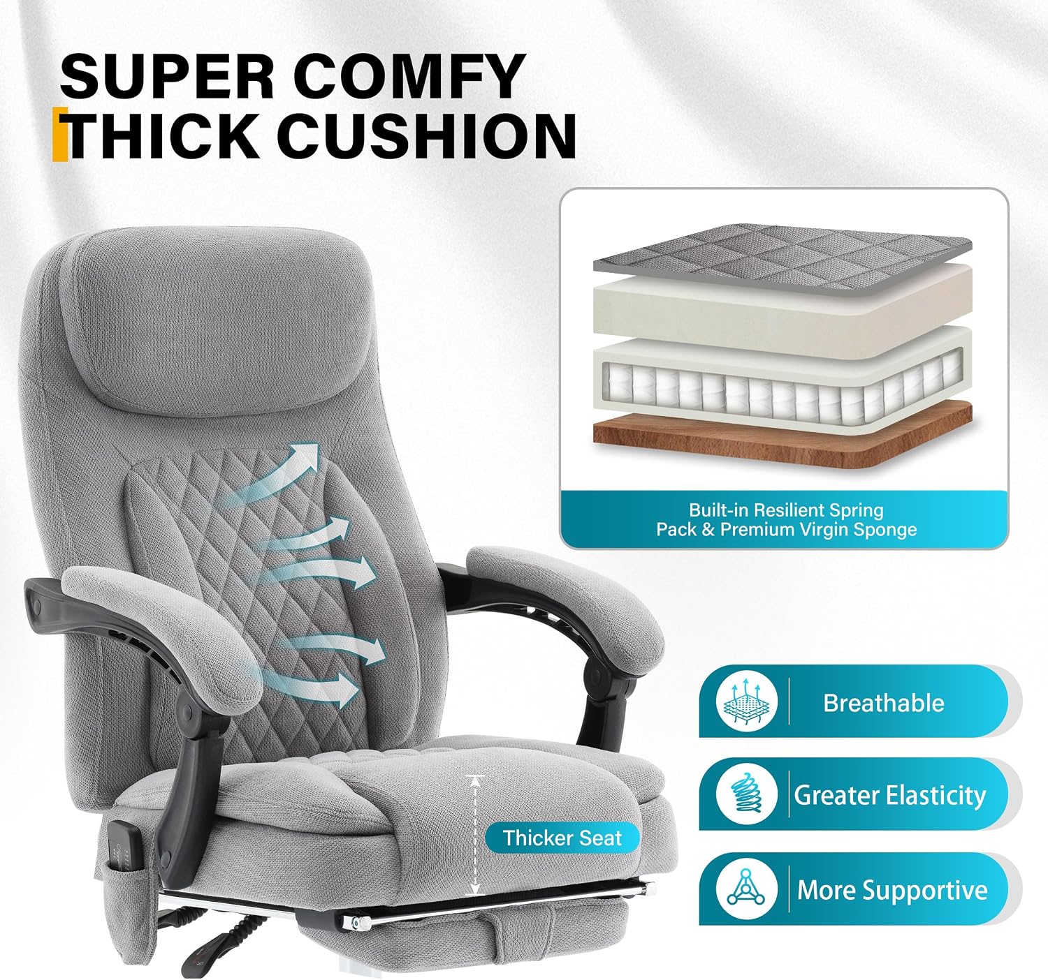 6-Point Massage Ergonomic Office Chair with Heated, Footrest & 45Reclining High Back, Big and Tall Executive Desk Chair 500LBS, Thick Cushion for Home Office, Grey