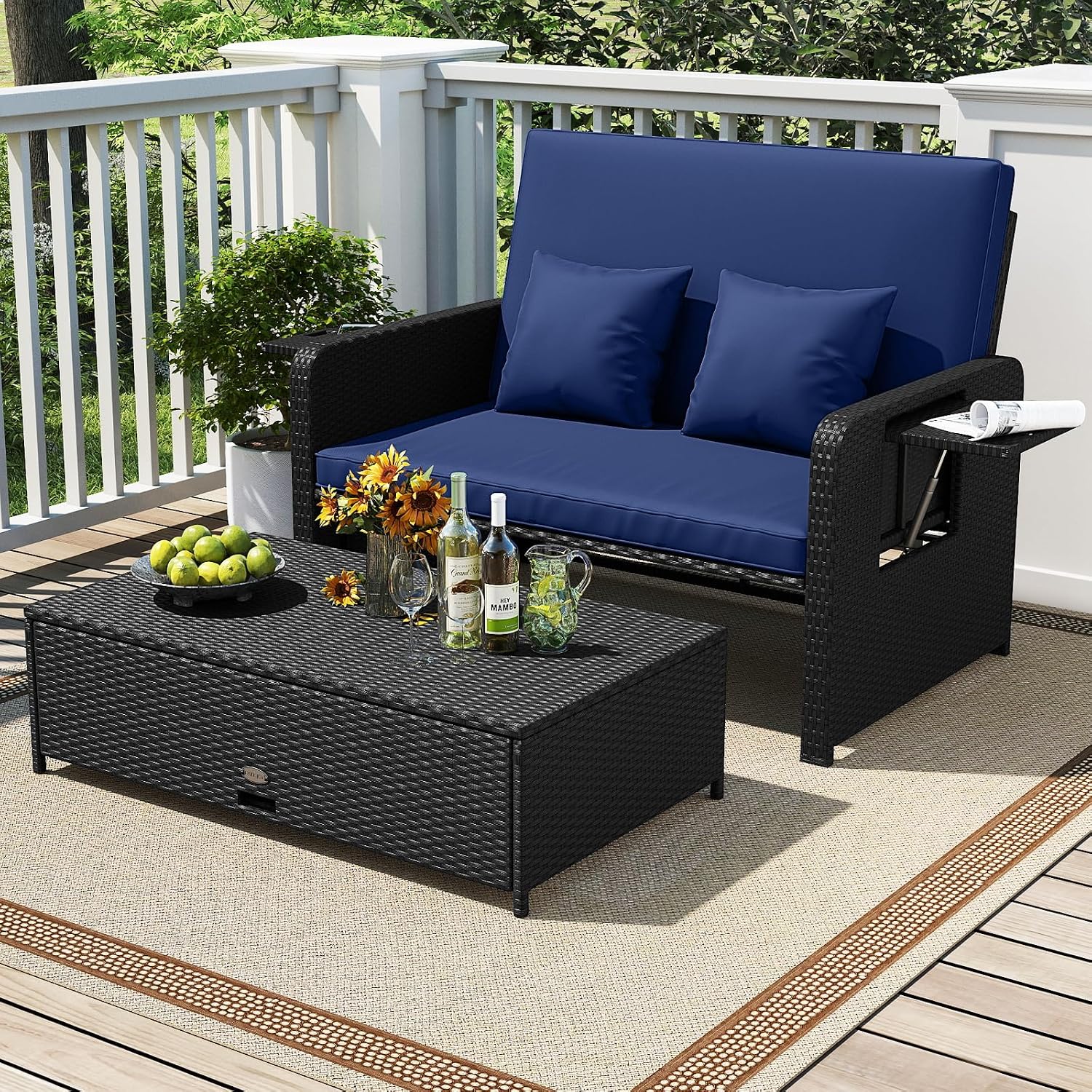 Tangkula Patio Rattan Daybed with 4-Level Adjustable Backrest, Outdoor PE Wicker Loveseat with Storage Ottoman & Folding Side Tray, Double Sunbed Lounger for Balcony, Backyard & Poolside (Navy)