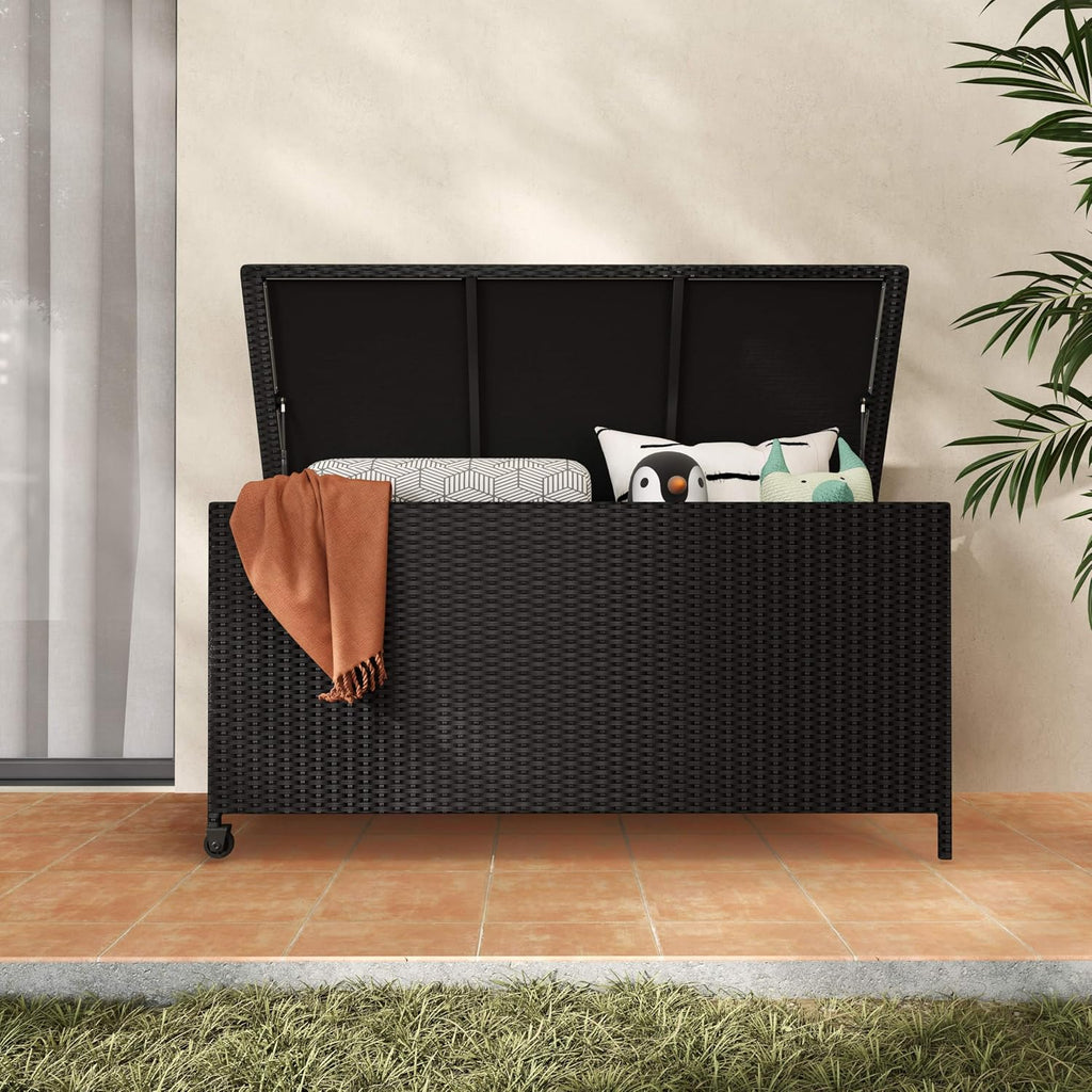 RELAX4LIFE 85-Gallon Deck Box with Wheels - Wicker Rattan Storage Bin Container w/Waterproof Liner & Gas Strut for Patio Cushions, Garden Tools, Pool Supplies, Indoor Outdoor Storage Box (Black)