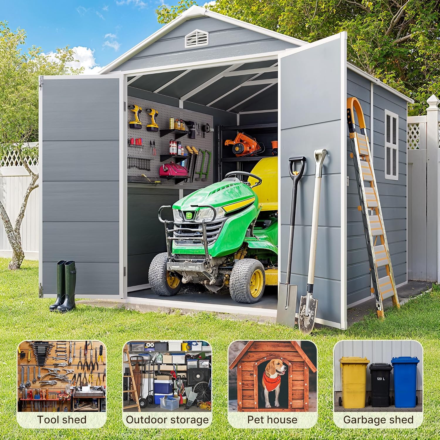 Gizoon 8x6 FT Outdoor Plastic Storage Shed with Reinforced Steel Frame, All-Weather Waterproof Resin Construction, Lockable Doors, Included Floor and Window for Backyard, Garden, Patio