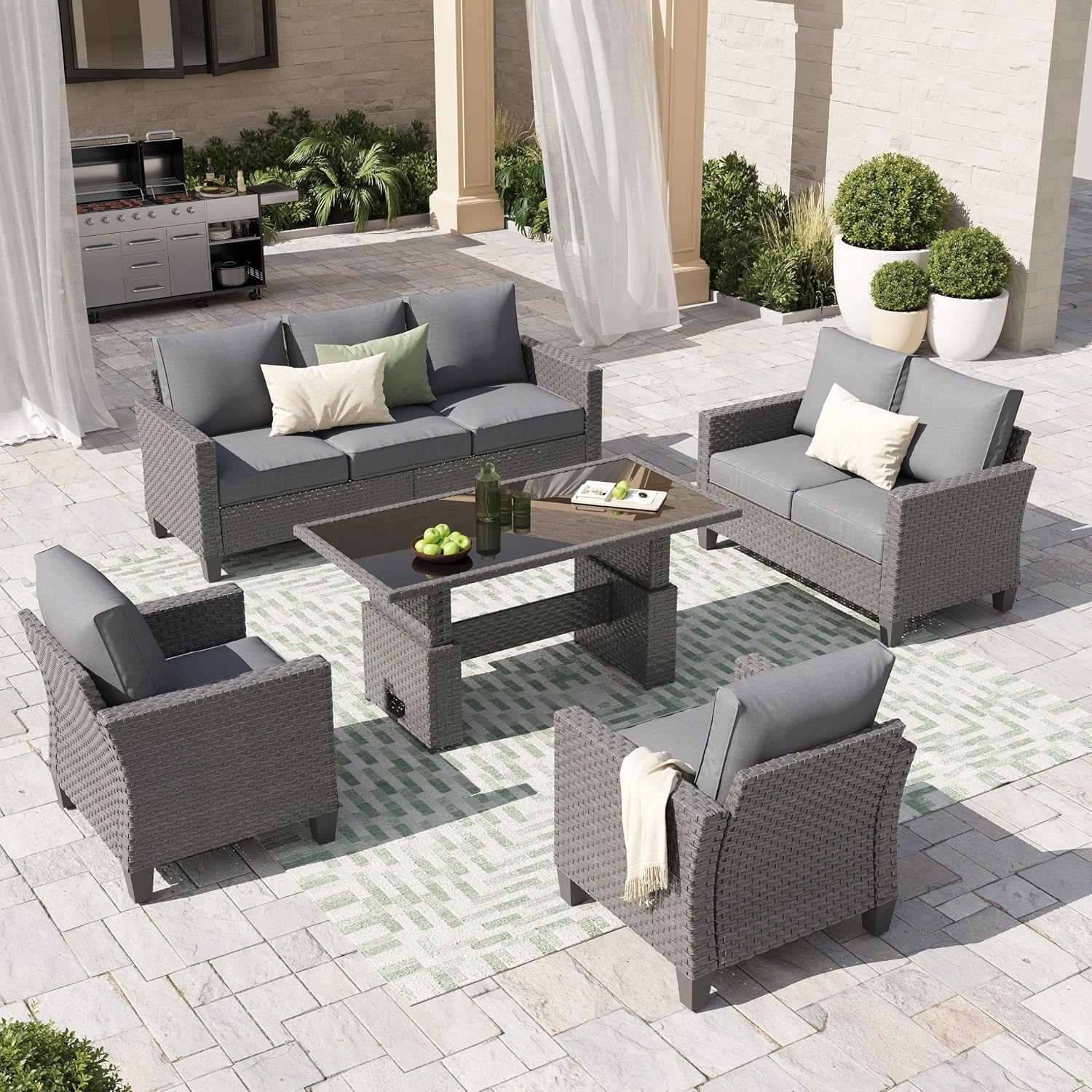 SUNSITT Outdoor Patio Furniture Set 5 Piece Wicker Conversation Set with Lift Coffee Table Sectional Dining Set 3 Seat Sofa Couch with Loveseat, Grey Wicker & Grey Cushion