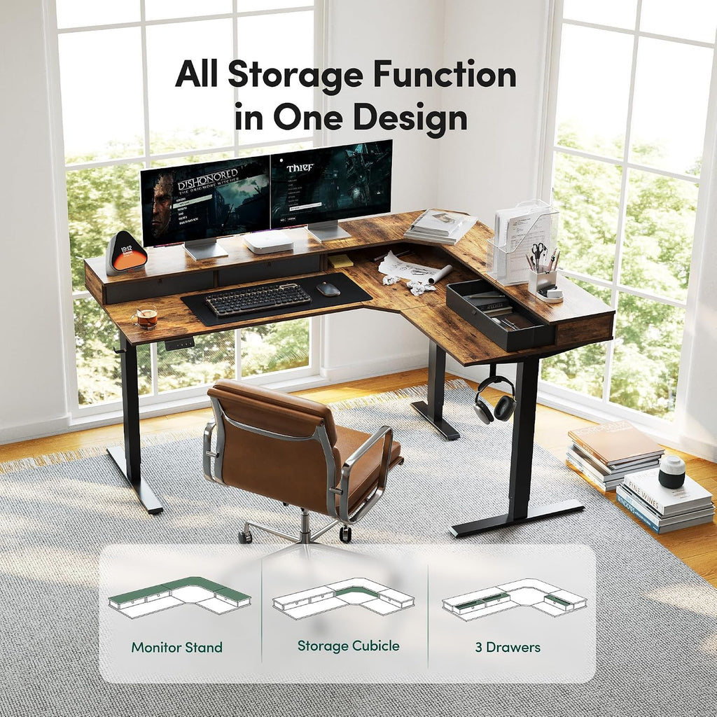 FEZIBO L Shaped Electric Standing Desk, 63x48 inch Large with Drawers | Reversible Tabletop, 2 Memory Height Settings | Home Office & Gaming Height-Adjustable Table, Rustic Brown（2 Packages）