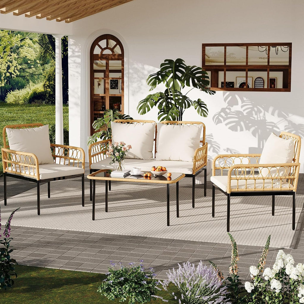 4 Pieces Patio Furniture Set,Outdoor All-Weather Wicker Rattan Bistro Set with Glass Table and Thick Cushions Boho Loveseat Chairs for Balcony Garden Backyard Poolside,Beige