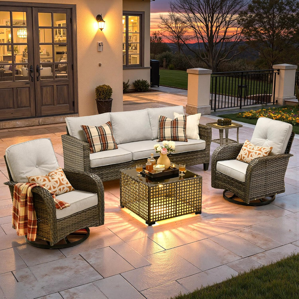 ovios 5 Pieces Patio Furniture Set, Outdoor Wicker Sofa Couch with Rocking Swivel Chairs Solar Lights Table, Modern Deep Seat Rattan Conversation Sets for Deck Porch, Grey