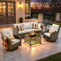 ovios 5 Pieces Patio Furniture Set, Outdoor Wicker Sofa Couch with Rocking Swivel Chairs Solar Lights Table, Modern Deep Seat Rattan Conversation Sets for Deck Porch, Grey