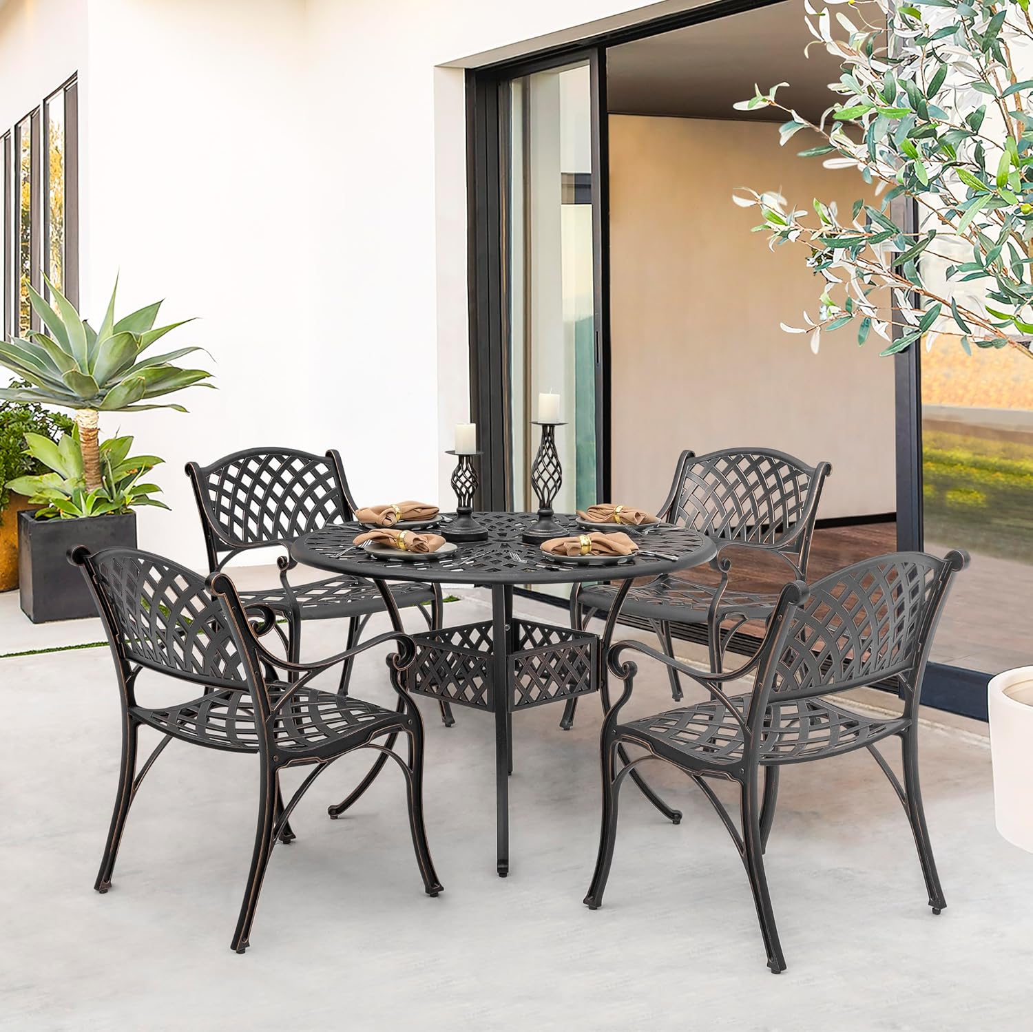 NUU GARDEN 5 Piece Outdoor Patio Dining Set, Cast Aluminum Round Dining Table with Umbrella Hole and Patio Dining Chairs for Patio, Garden, Backyard, Balcony, Black with Bronze Edge