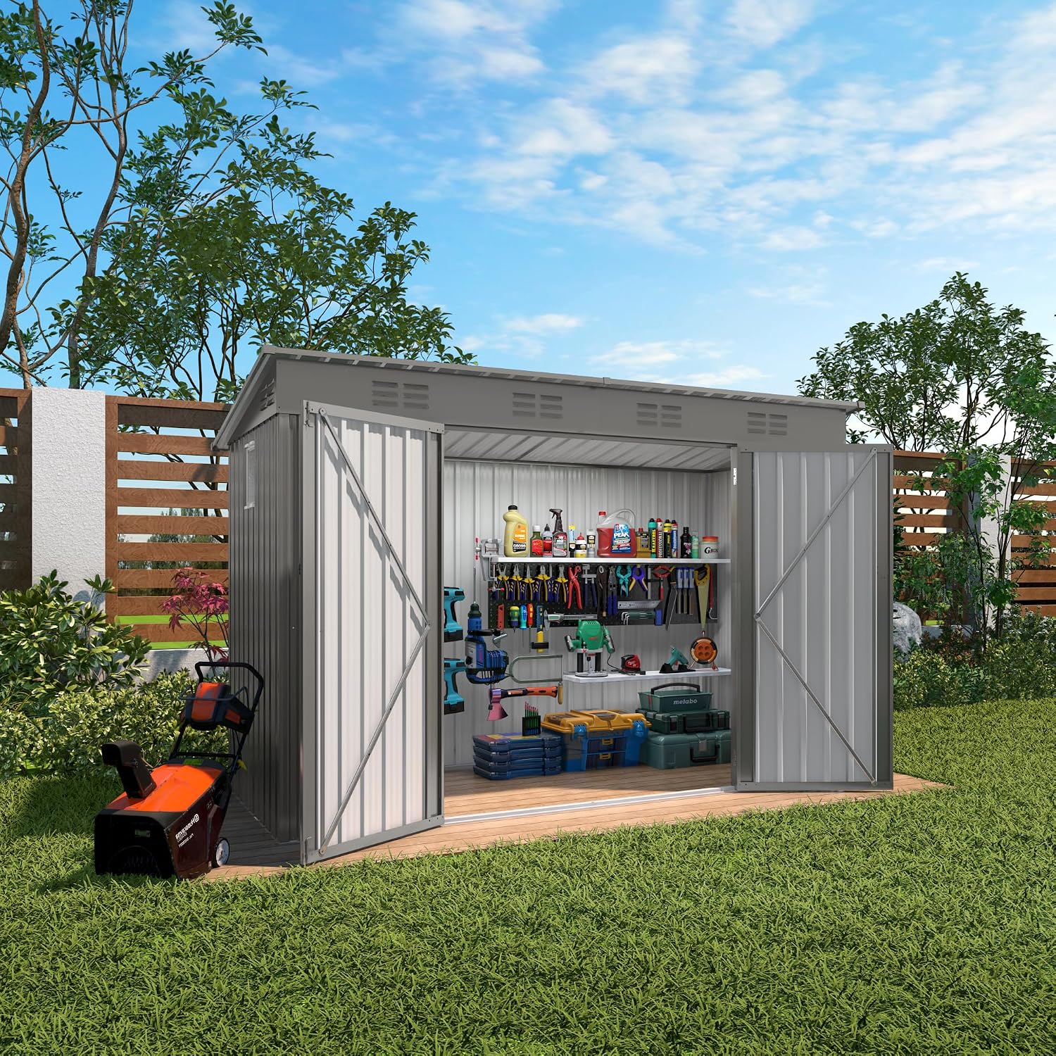 4 * 9.2 * 6 FT Outdoor Storage Shed, Galvanized Steel Garden Shed with Lockable Door & Window, Waterproof Metal Tool Storage for Garden, Backyard, Patio, Lawn(Gray)