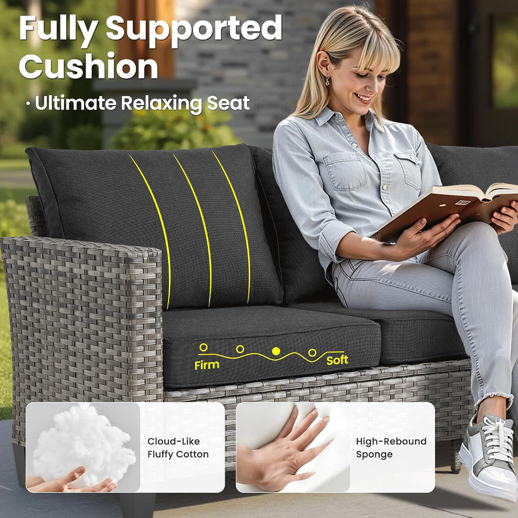ovios 7 Pieces Patio Furniture Set, Outdoor Wicker Sofa Couch with Swivel Chairs, Rocking Glider Rocker with Comfy Cushions All Weather Rattan Conversation Set, Black