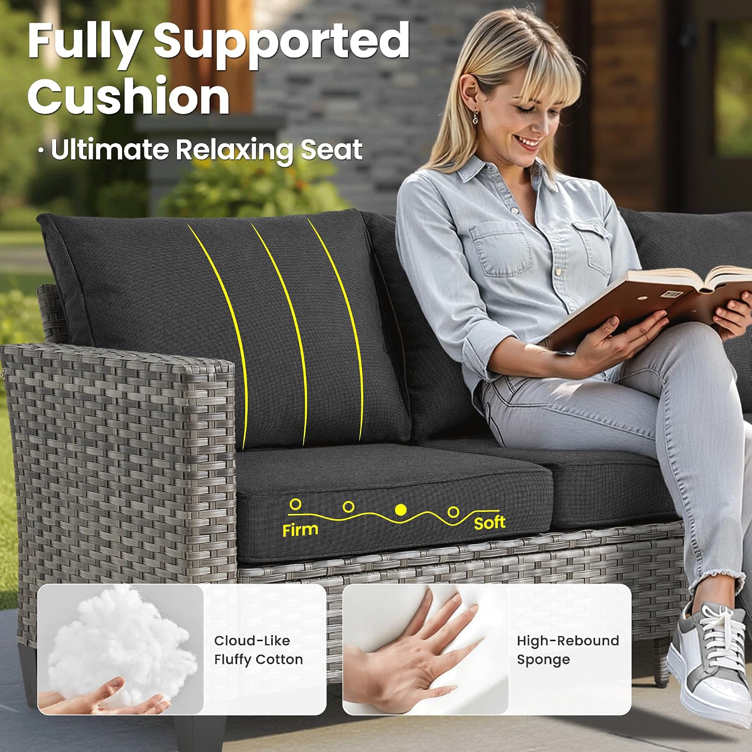 ovios 7 Pieces Patio Furniture Set, Outdoor Wicker Sofa Couch with Swivel Chairs, Rocking Glider Rocker with Comfy Cushions All Weather Rattan Conversation Set, Black