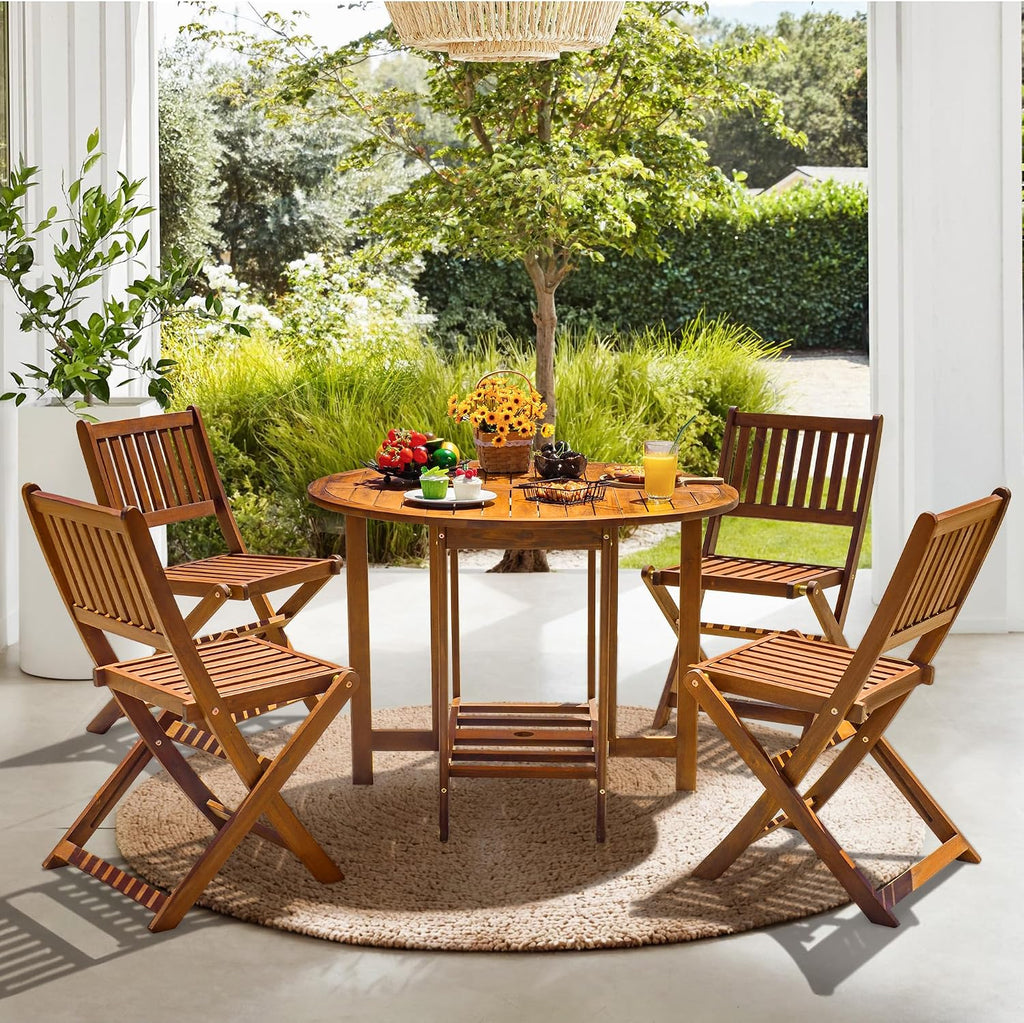 Devoko 5 PCS Patio Furniture, Patio Dining Set Acacia Wood Outdoor Table and Chairs, with 4 Folding Chairs and 37' Round Movable Table, Outdoor Dining Set for Lawn, Balcony, Garden (Light Brown)