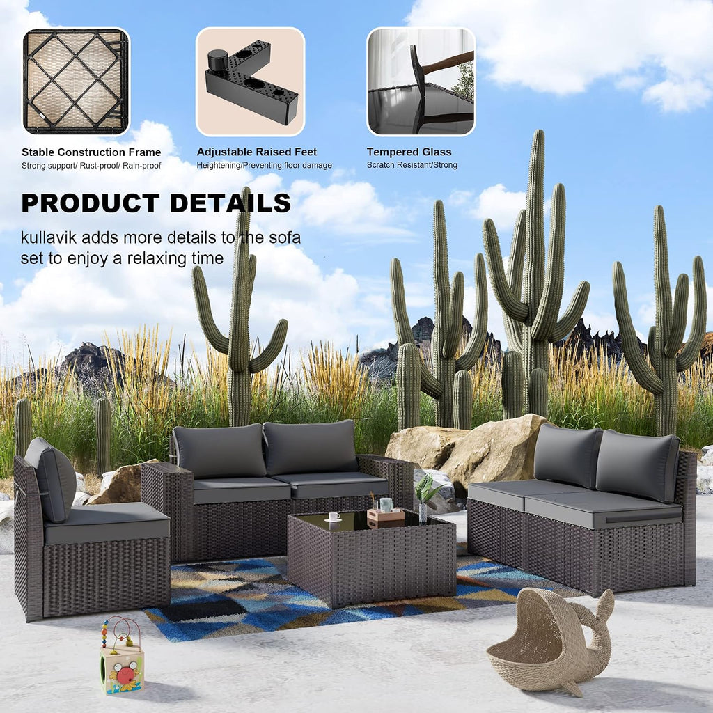 Kullavik Outdoor Patio Furniture Set 6 Pieces Sectional Rattan Sofa Set Brown PE Rattan Wicker Patio Conversation Set with 5 Seat Cushions and 1 Tempered Glass Table,Grey