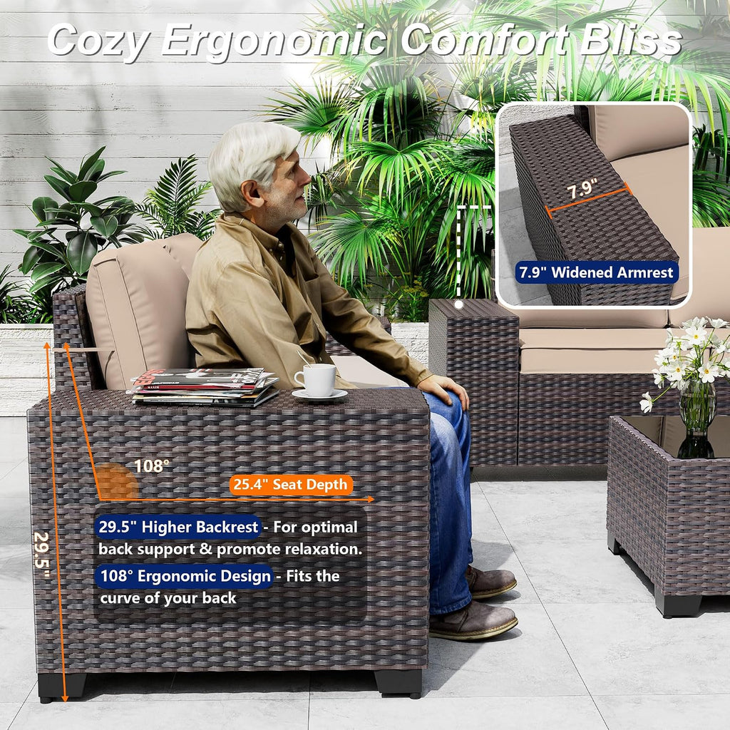 Outdoor Patio Furniture Set, 6 Pieces Outdoor Sectional Furniture High Backrest Patio Sofa, All-Weather PE Rattan Patio Conversation Set with Coffee Table & Cushions-Sand.